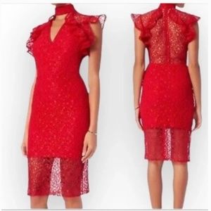 Worn 1X - Alexis Halley Red Lace Deep V Midi Red Carpet Dress - Size S